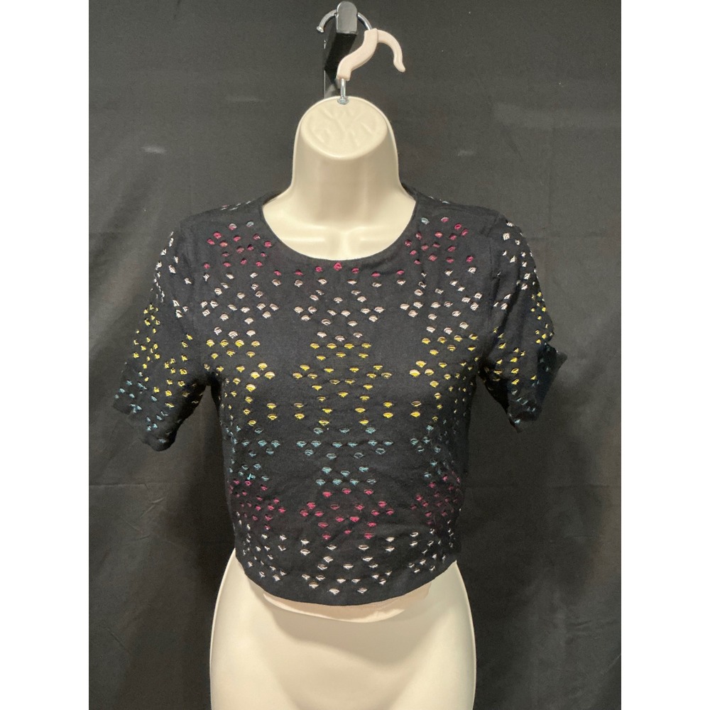 Alice + Olivia Crop Top Pointelle Knit Black Rainbow Embroidered Mesh Lined S